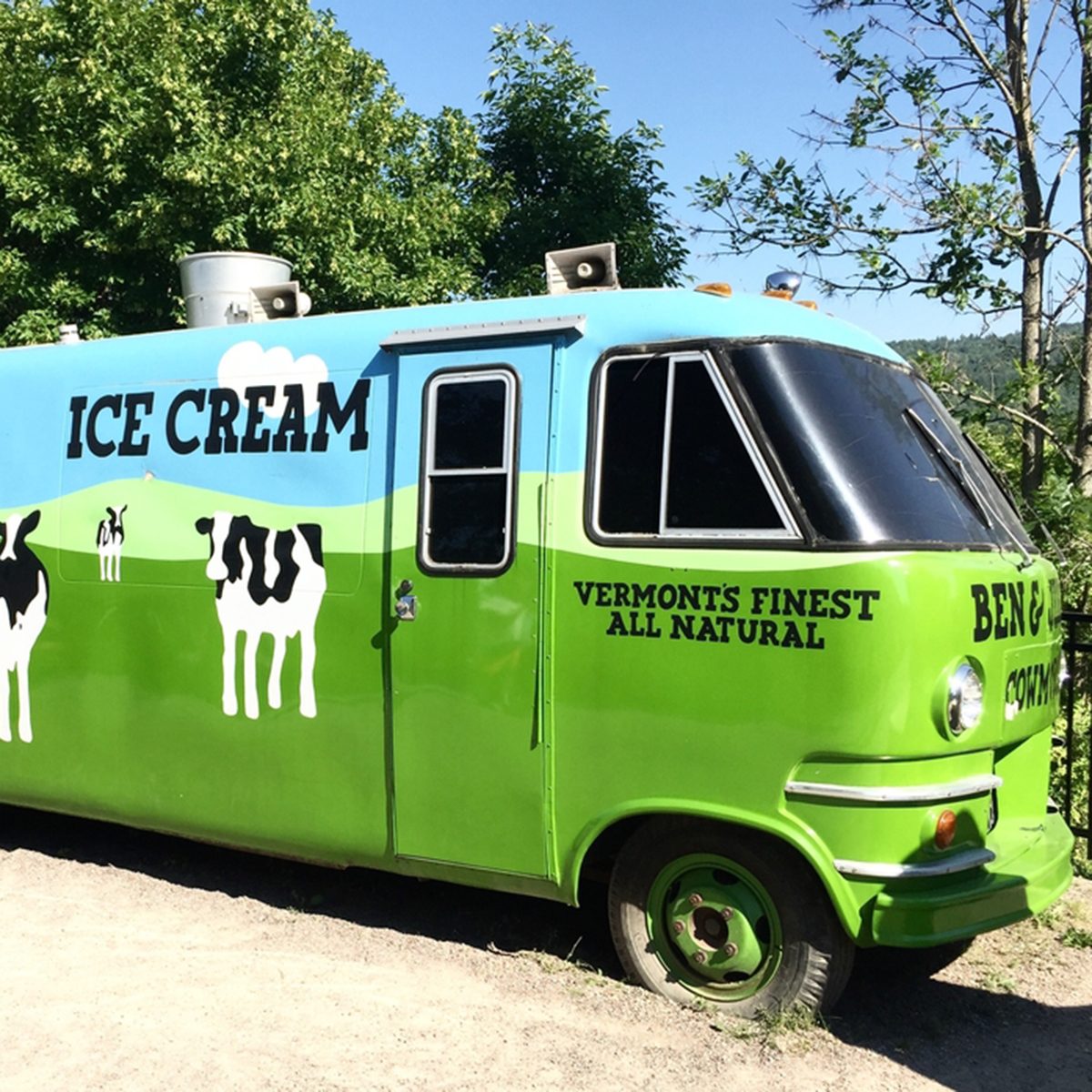 Vintage bus with Ben and Jerry's logo. The bus is at their manufacturing plant in Vermont.