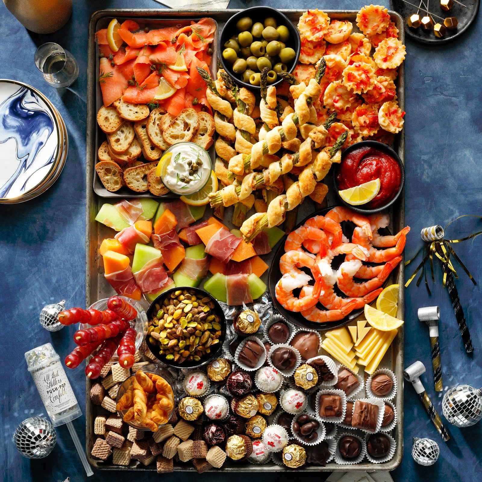 New year's themed charcuterie board, top view