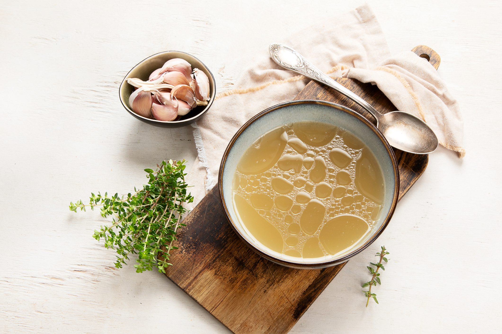 Broth in Bowl, healthy food, top view, copy space