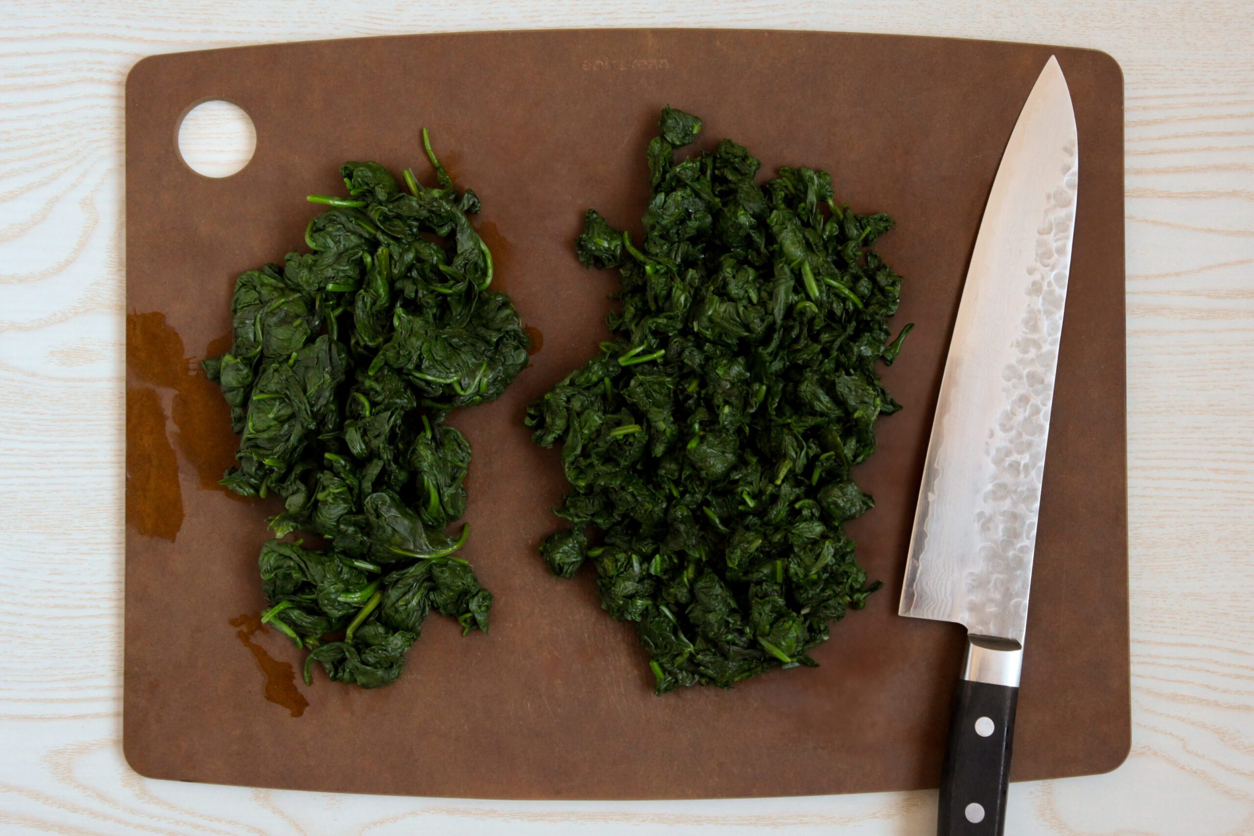 Chopping steamed spinach