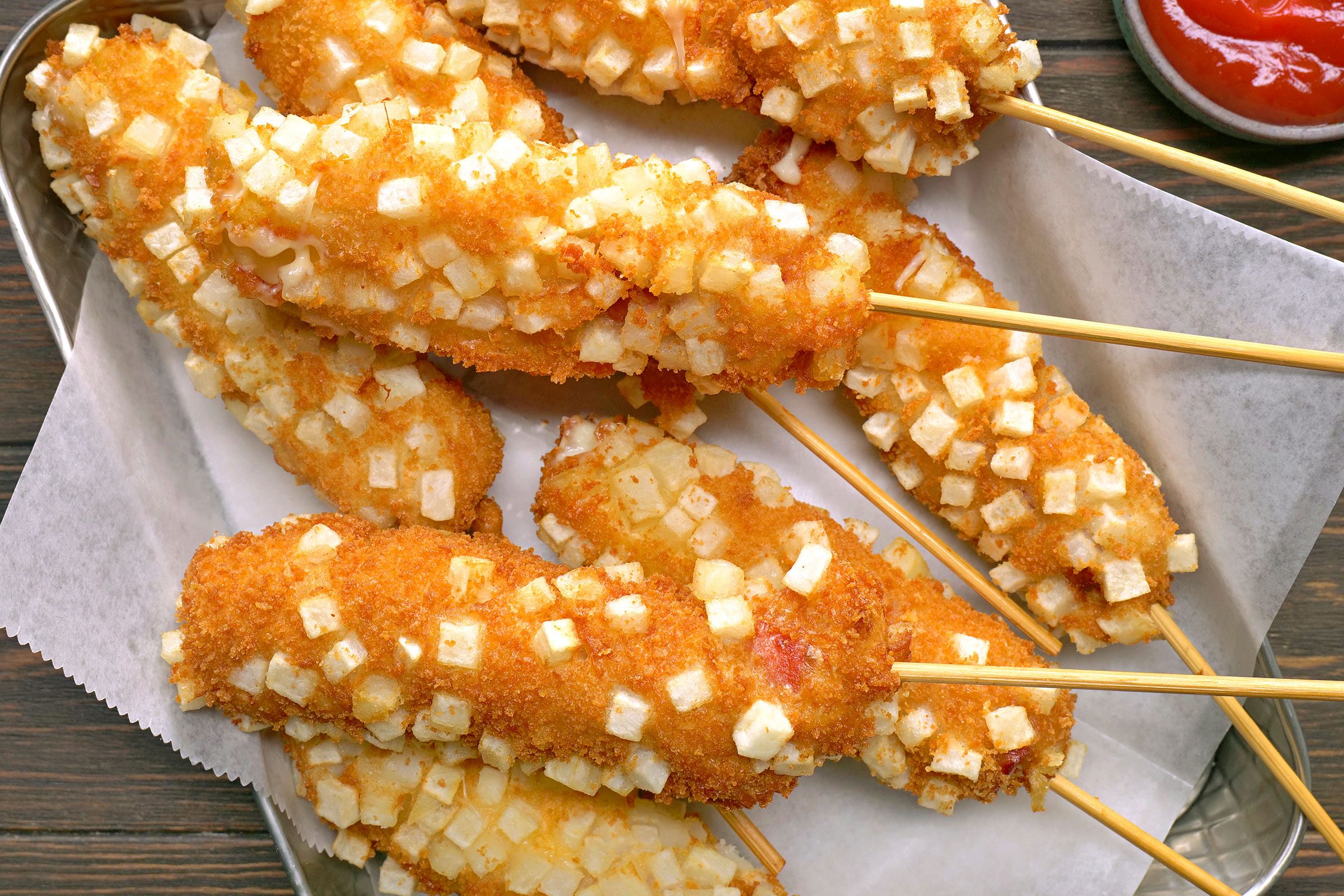 Korean Corn Dog with ketch up on side