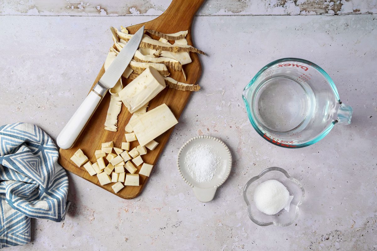 Overhead shot of all ingredient for Maror; marble surface;