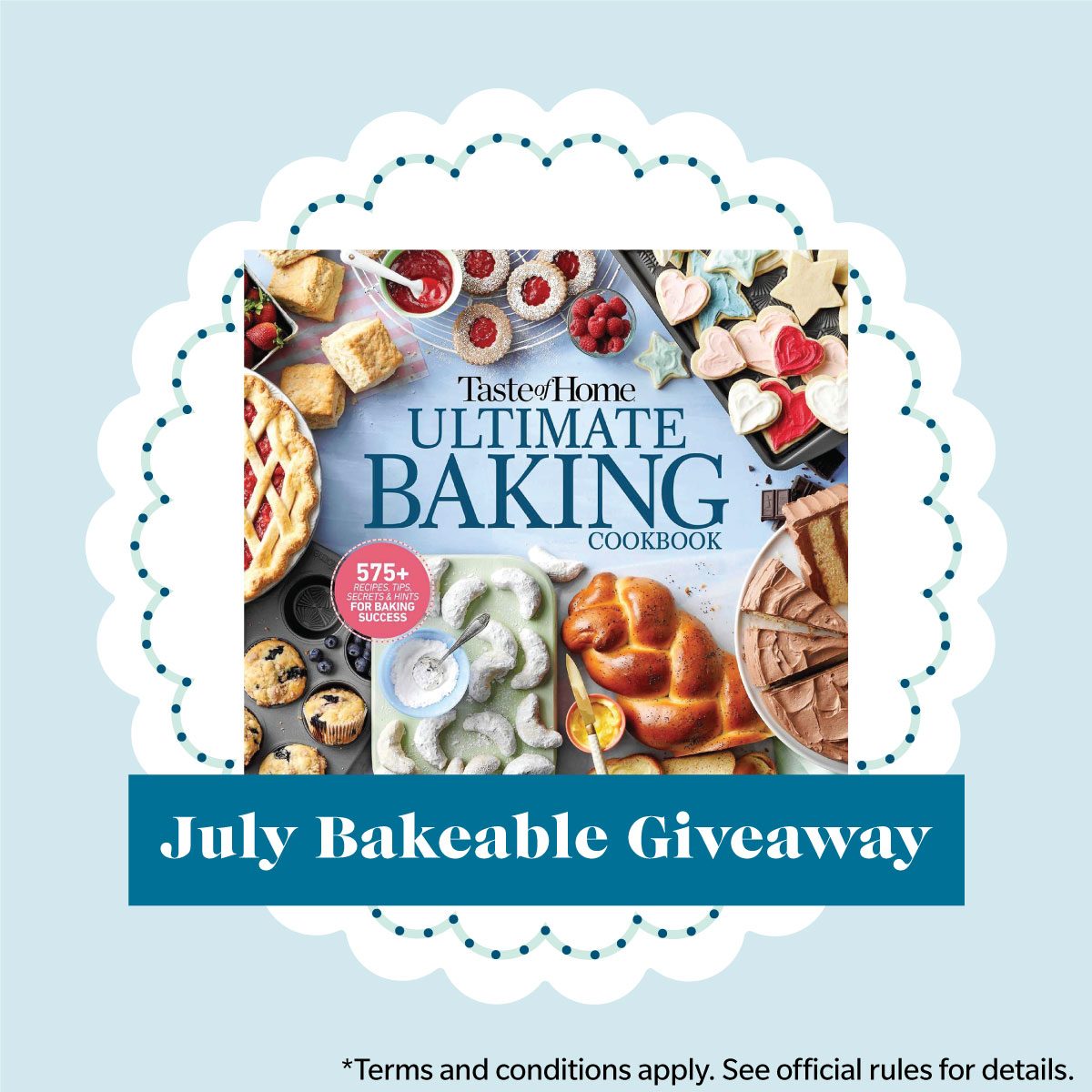 Bakeable Giveaway July graphic with a magazine cover and a doily paper design.