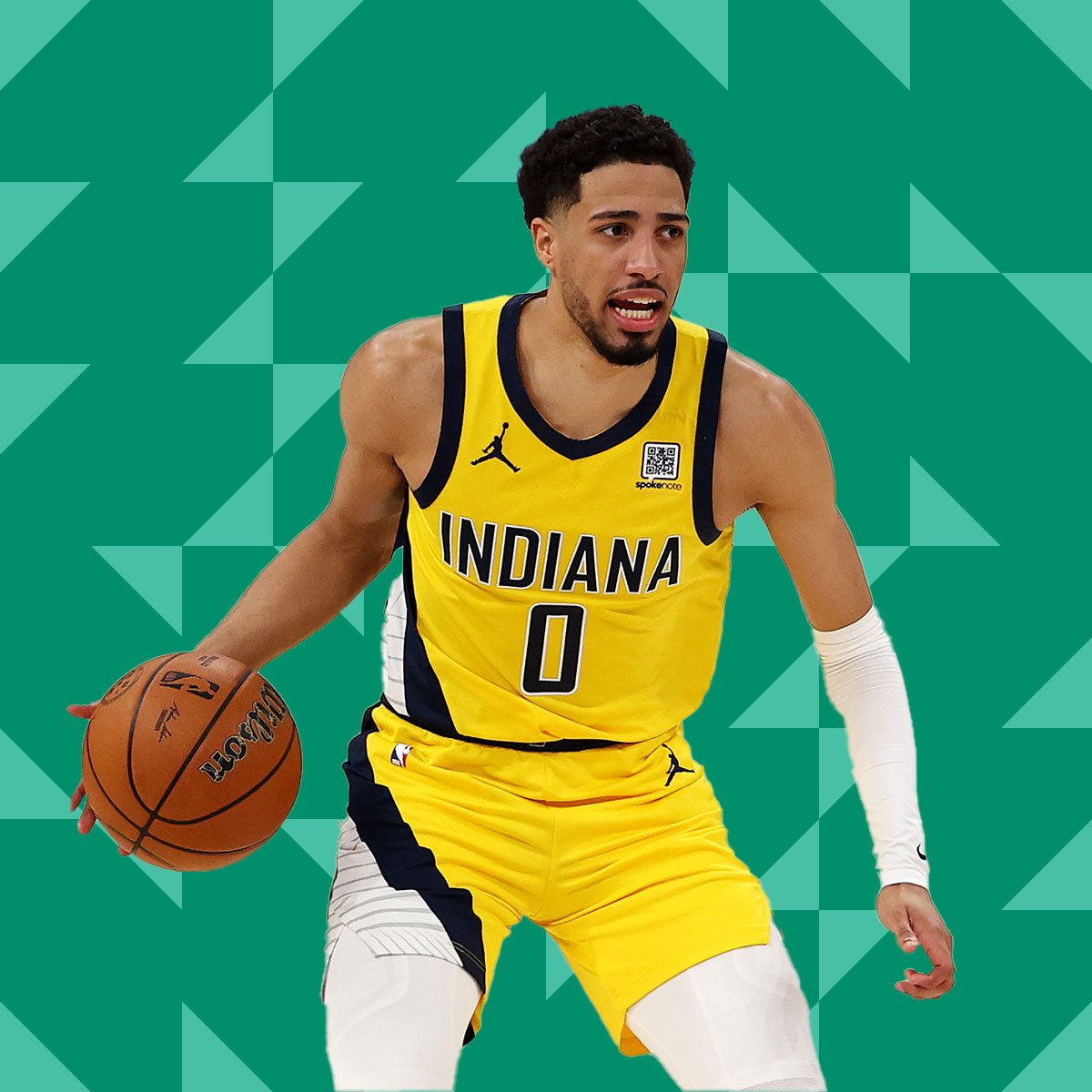 Tyrese Haliburton holding a basketball and wearing a yellow Indiana Pacers jersey on a green background
